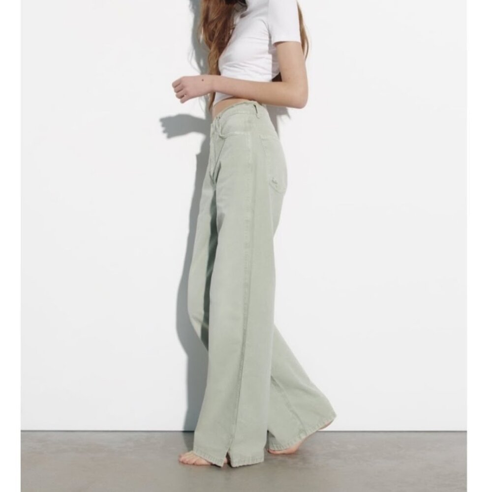 Zara Light Sage Green Wide Leg Jeans
